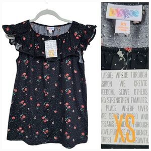 LuLaRoe Stasha Ruffle Top XS 0/2 Black Rose Floral Polka Dot Printed Knit Tee